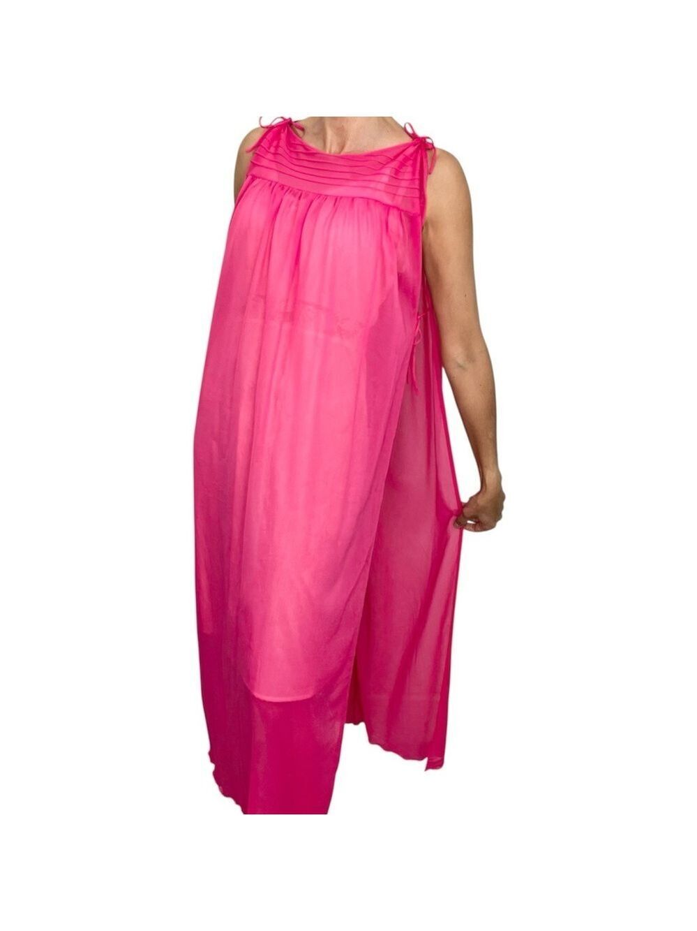 Vintage 70s AP Alepin Montreal hot pink sheer nylon long caftan maxi robe S